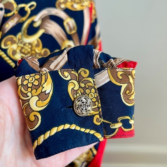 Vintage Stephanie Andrews 100% Silk Equestrian Navy Red Button Down Blouse Shirt - Picture 7 of 16